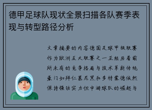 德甲足球队现状全景扫描各队赛季表现与转型路径分析